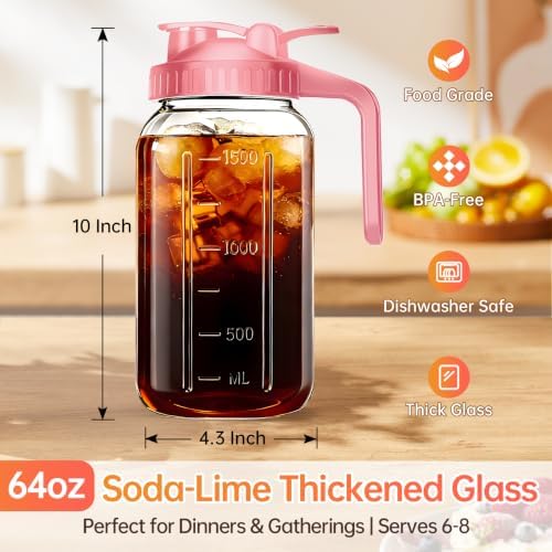 64oz Glass Pitcher with Lid & Spout – 2 Quart Mason Jars, Airtight & Leakproof Breastmilk Pitcher for Cold Brew Coffee, Sun Tea, Water, Juice – Wide Mouth, Fridge Safe