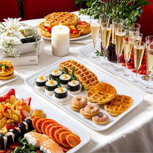 SUT 16" x 11" Large White Serving Trays, 4-Pack Reusable Plastic Platters for Cookies, Appetizers, Charcuterie, Snacks, Desserts and Party Food, Stackable Serving Tray Set