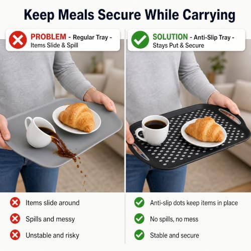Large Nonslip Serving Tray with Handles, Silicone Grippy Dots Lap Food Trays for Eating, Dishwasher Safe Serve for Breakfast Dinner Snack Fruit Appetizers Beverage, Rectangular, Set of 2, Black