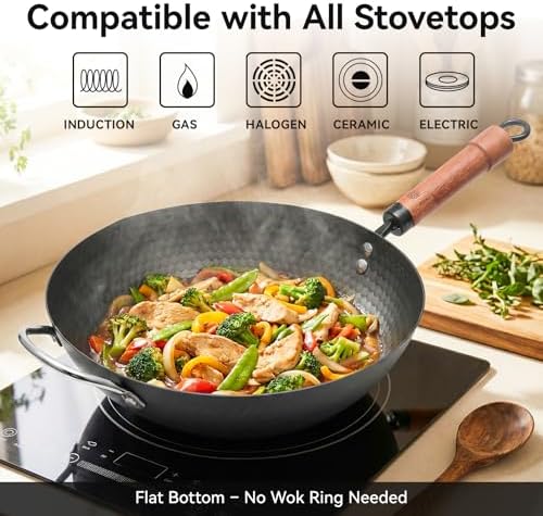 WANGYUANJI Carbon Steel Wok Pan, 12.6 Inch Flat Bottom Stir Fry Pan with Lid, Uncoated Heavy Duty Iron Wok for Induction and Gas Stoves
