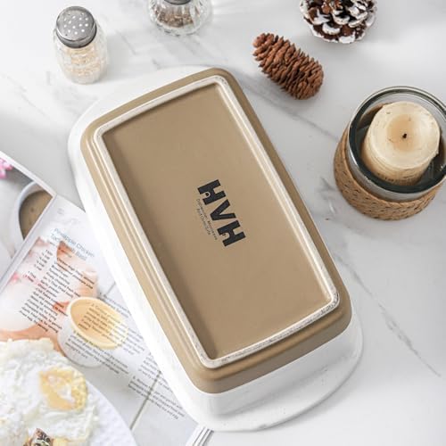 HVH Ceramic Loaf Pan for Baking Bread, 9 x 5 inch Baking Bread Loaf Pan, Rectangular Bread Pan, Bread Baking Pan for Cooking, Farmhouse Style (White)