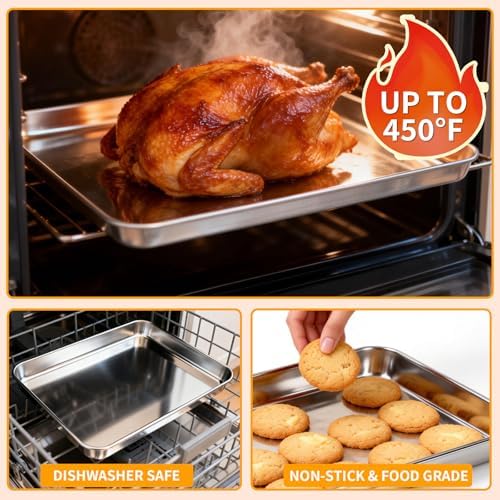 CEKEE Baking Sheet Set of 4, Stainless Steel Cookie Sheets for Baking, 0.8mm Heavy Duty Nonstick Baking Pans, 9/10/12/16 Inch Baking Trays for Oven, Non Toxic & Mirror Finish & Easy Clean