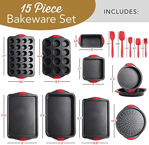 Eatex Nonstick Baking Sheet Set, 15-Piece Baking Pans Set with Silicone Handles, Carbon Steel Cookie Sheets for Baking, Commercial Grade Quality Bakeware Sets Includes Muffin Pan, Cake Pan and More