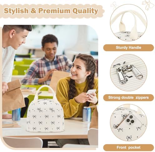 EurCross Cute Bow Tie Lunch Bag for Girls, Ivory Corduroy Insulated Lunch Bag for Two-Meal Space Perfect for School Days, Commuting, fits Bento Boxes, Round Containers, Designer Lunchboxes