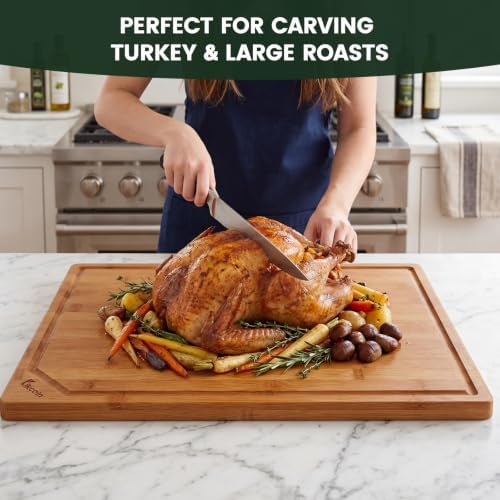 Kikcoin 30”×20” Deep-Carbonized Bamboo Cutting Boards for Kitchen, Heavy Duty Wooden Cutting Boards, Healthy Extra Large Chopping Boards with Deep Juice Groove and Handle, Oversized Stove Top Cover