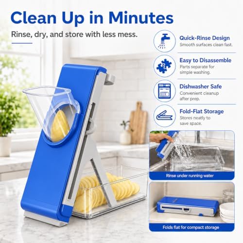 Safe Mandoline Slicer for Kitchen, Vegetable Slicer with Container, French Fry Cutter, All in 1 Julienne Slicer for Potato, Thickness Adjustable, Detachable Blade (Dark blue)