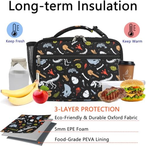 GYEUKHAM Insulated Lunch Box for School, Thermal Reusable Durable Freezable Lunch Bags for Kids Boys Girls Men Women - Small Soft Cooler Portable Lunch Tote Kit for Work Picnic Travel,Dinosaur Fossil