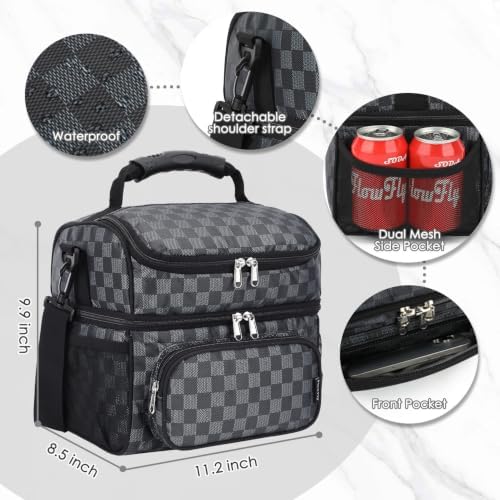 FlowFly Double Layer Cooler Insulated Lunch Bag Adult Lunch Box Large Tote Bag for Men, Women, With Adjustable Strap,Front Pocket and Dual Large Mesh Side Pockets