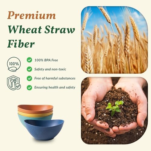 Homienly Wheat Straw Bowls Unbreakable Cereal Bowls 26 OZ Serving Bowls for Snack, Dessert, Dinner, Soup, Rice Microwave and Dishwasher Safe Bowls Set for Kitchen, Party, Dorm, RV (4 PCS Multi)