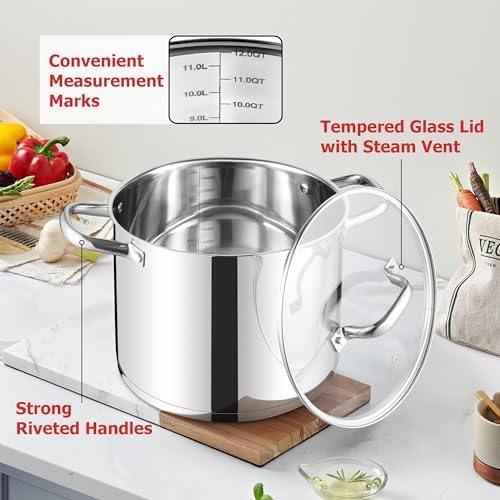 LIANYU 12 QT Stock Pot with Lid, 12 Quart Stainless Steel Soup Pot