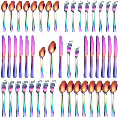 PHILIPALA 40 Piece Rainbow Silverware Set, Stainless Steel Flatware Set for 8 Colorful Novelty Flatware Cutlery Utensil Set Include Knife Fork Spoon Food Grade Mirror Polished Dishwasher Safe