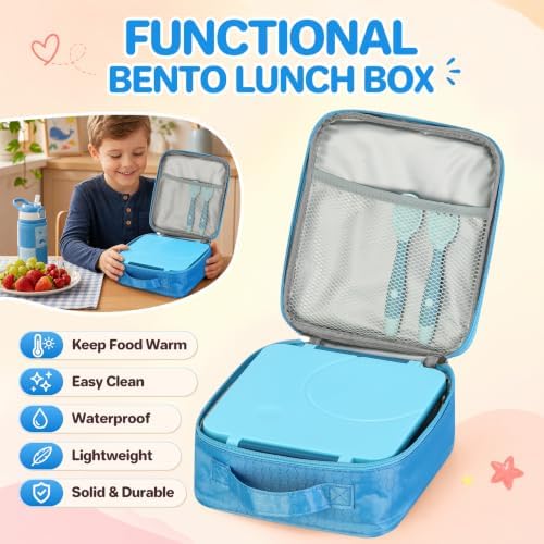 Itslife Bento Lunch Box for Kids with 8oz Soup Thermo&Lunch Bag, Leak-Proof Lunch Food Containers with 4 Compartment, Hot Food Insulated Food Jar for Kids School (Blue)