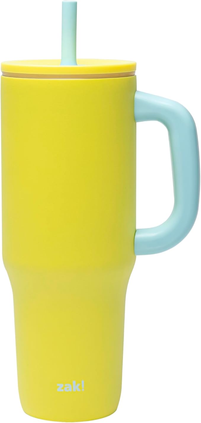 Zak Designs Sutton Travel Tumbler for On the Go, 40oz Stainless Steel with Vacuum Insulation, Silicone Straw, and Carry Handle for Cold Drinks (Sunflower Yellow)