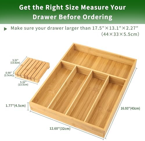 VaeFae Bamboo Silverware Drawer Organizer, 5 Slots, Natural