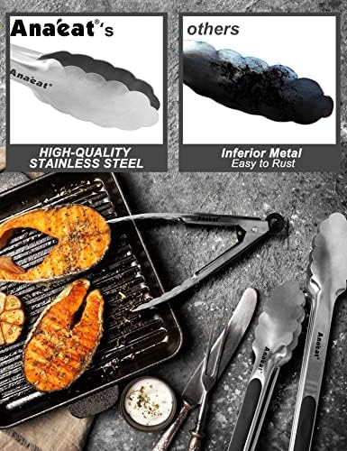 Anaeat Premium Stainless Steel Kitchen Tong Set of 2 - Sturdy Coiled Spring 9" and 12" Locking Food Tong with Non-Slip Silicone Grip for Cooking, Baking, Grilling, BBQ - Heat Resistant up to 480°F