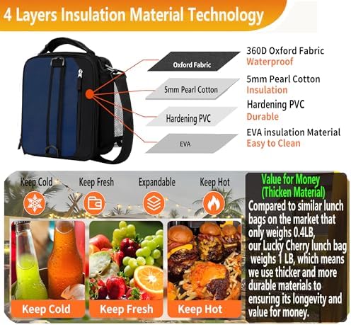 Lunch Box Insulated Lunch bag for Men Teen Kids Boys Adult Portable Stylish Small Lunchbox Special Design for Working Office school Picnic (Navy Blue 10L10L(Expandable with Shoulder Straps))