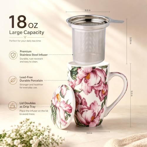 AmorArc Tea Cup With Infuser and Lid, 18oz Loose Leaf Tea Mug With Steeper