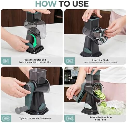 Rotary Cheese Grater, Cheese Grater Hand Crank, 3-Blade Grater