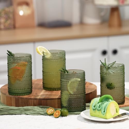 Moretoes 12 Pack 15 Oz Green Large Hobnail Drinking Glasses Set