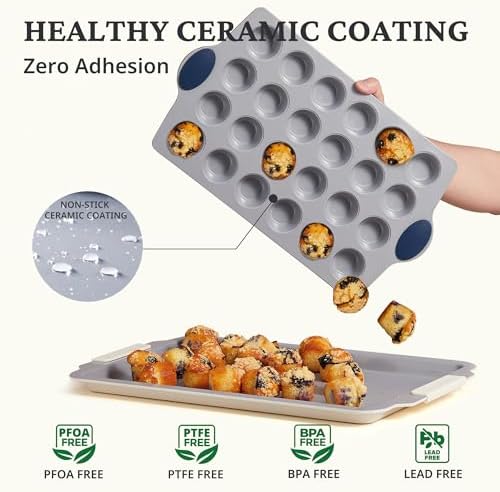 BRONYPRO 24-Cup Non Toxic Nonstick Ceramic Mini Muffin Pan & Cupcake Tin, PFOA & PFOA Free, Heavy Duty Rust-Resistant Aluminized Steel, Oven & Dishwasher Safe, Blue