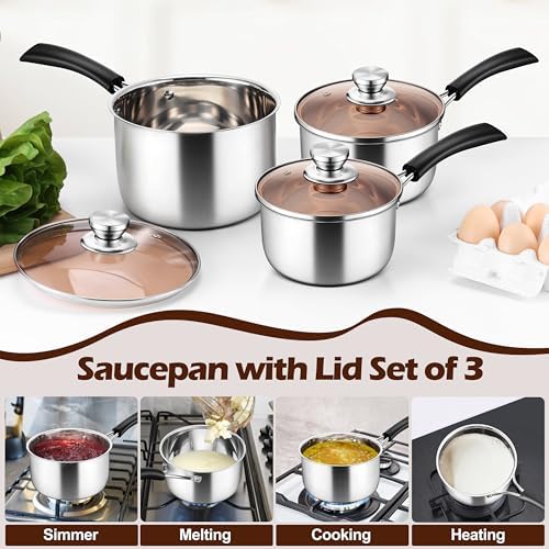 LIANYU 18/10 Stainless Steel Sauce Pan with Lid, 1 & 2 & 3QT Sauce Pot Set