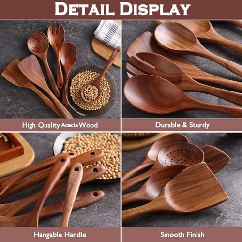 6-Piece Teak Wood Cooking Utensil Set, Wooden Spoons for Cooking