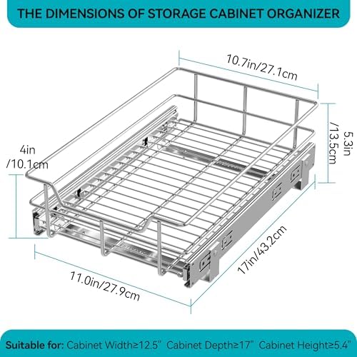 Pull Out Cabinet Organizer 11" W X 17" D, Chromed, Full Slide Out Drawers