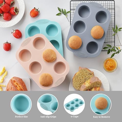 XZZWLL 3 Pack Silicone Muffin Pan, 6 Cup Nonstick Cupcake Molds for Baking