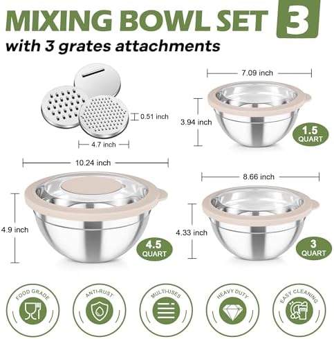 TeamFar Mixing Bowls, 3PCS Stainless Steel Serving Salad Bowls