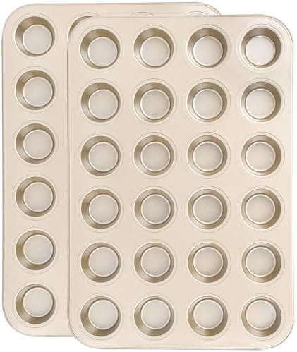 Beasea Nonstick Mini Muffin Pan 24 Cups, 2 Pack 24 Mini Small Tiny Cup Non Stick Muffin Baking Pan Tin Tray Carbon Steel Bakeware Individual Cupcake Baking Pan - Gold