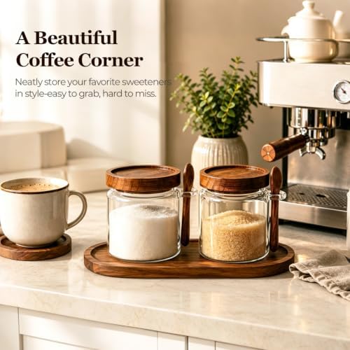 ComSaf Sugar Jars with Acacia wood Lids and Spoons 0.5Qt 2Pack, Decorative