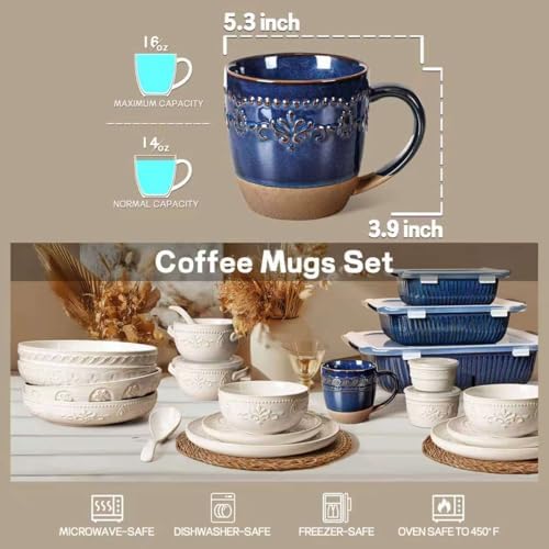 Artena Ceramic Coffee Mugs Set of 4, 16oz Embossed Large Latte Mugs Coffee Cups with Handle for Tea, Latte, Cappuccino & Cocoa, Milk Dishwasher & Microwave Safe, Blue (Damask Floral)