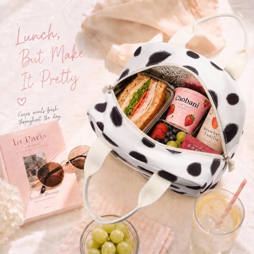LOVELYWIND Lunch Box for Women, Insulated Lunch Bag, Black Dot Tote