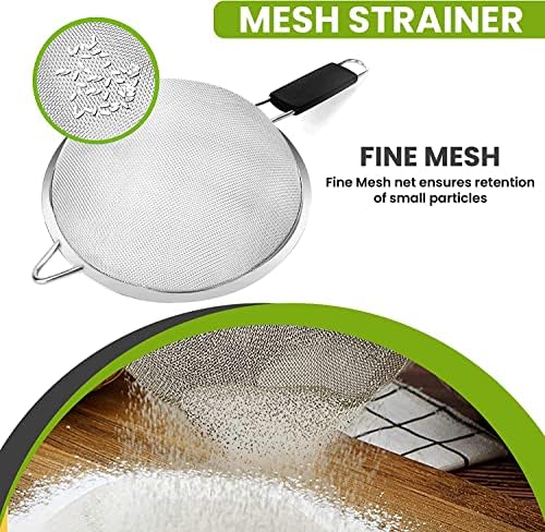 Fine Mesh Strainer with thermo plastic rubber handle - Sieve Fine Mesh Stainless Steel - Ideal to Sift Flour, Icing Sugar, Fruits and Vegetables (6.3 Inches)