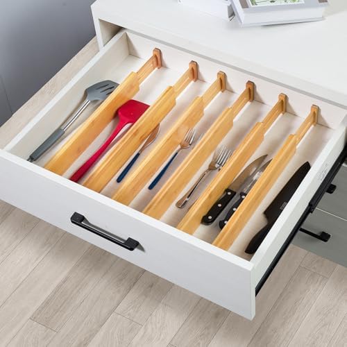 VaeFae 12-Pack Adjustable Bamboo Drawer Dividers, Expandable Drawer Organizer for Kitchen Utensils, Clothes, Bathroom, Office – Fits Drawer Interiors 16.6" to 21.8"