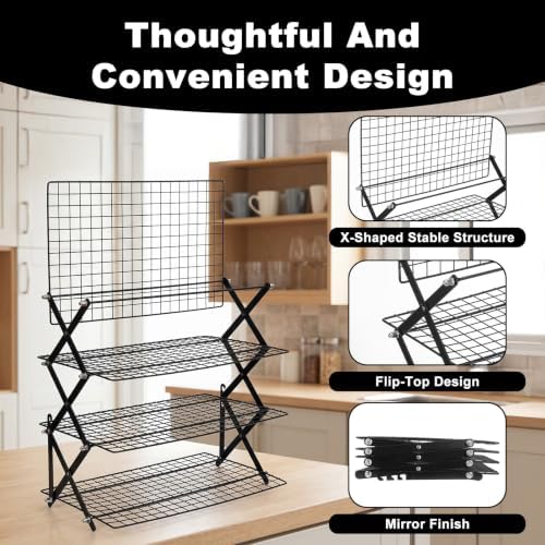 4 Tier Cooling Rack Adjustable Stackable Non-Stick Wire Rack Stainless Steel Baking Racks with Leak-Proof Mesh X-Shaped Structure for Roasting Cooking Cookies Cakes Drying Picnic Party