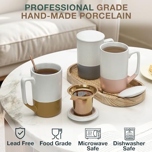 Gencywe Ceramics Large Tea Cup with Loose Leaf Infuser, Spoon and Lid, 16 oz Tall Coffee Mug, Microwave and Dishwasher Safe, Rustic Matte Ceramic Glaze, Tea Strainer (Pink)