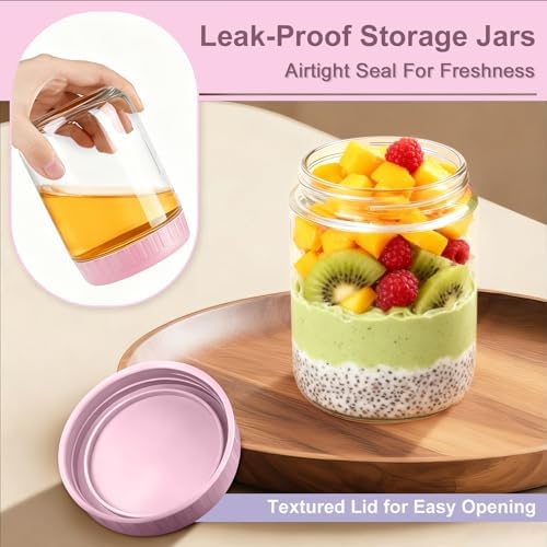 Overnight Oats Containers with Lids, 16oz Wide Mouth Mason Jars with Lids, 6 Pack Glass Jars with Airtight lid for Chia Pudding Yogurt Salad, Meal Prer Oatmeal Jars, Pink
