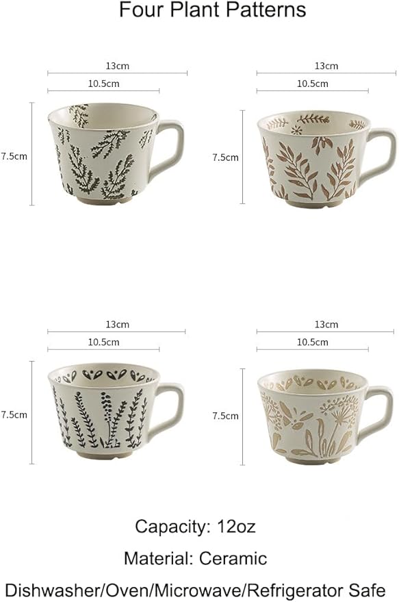 Handmade Ceramic Coffee Mug with Handle for Tea Latte,12 oz. Microwave Dishwasher Cup, Art Gifts Green Plant Leaf Mug, Cup for Coffee, Tea & Hot Chocolate, Cypress Leaves