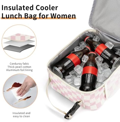 Lunch Box for Women Men Adult Insulated Lunch Bag Women Men Small Reusable Lunchbox for Work Picnic Travel (Beige-Pink Plaid)