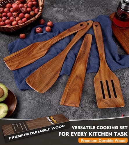 4Pcs Wooden Spatula for Cooking, Acacia Wooden Spatula for Kitchen Use, Nonstick Cookware Safe Utensils Set including Turner, Slotted Turner, Paddle and Scraper, Ideal Cooking Utensils Gift Set
