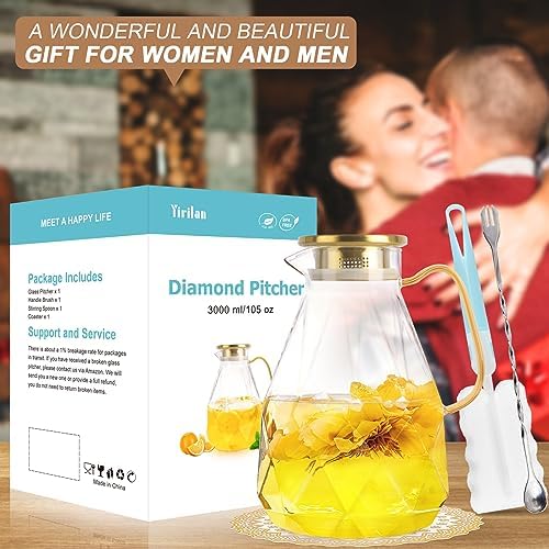 Glass Pitcher, 3 Liter Water Pitcher With Lid