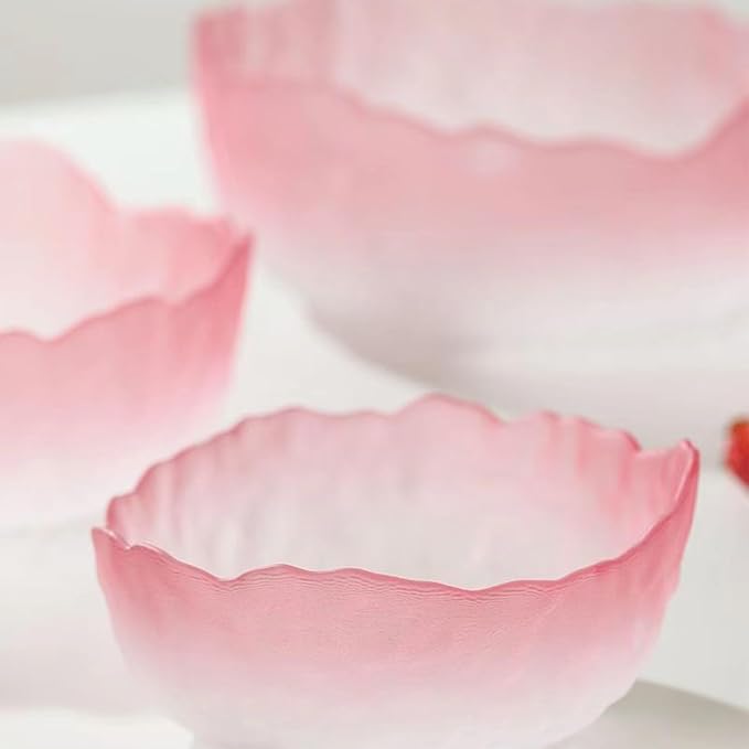 Glass Salad Bowl Irregular Lotus Flower Shape Serving Bowls, Mixing Nut Bowls for Kitchen Fruist, Snack, Dessert, and Ice Cream Candy Dishes (Crystal Gradient Pink, Large)