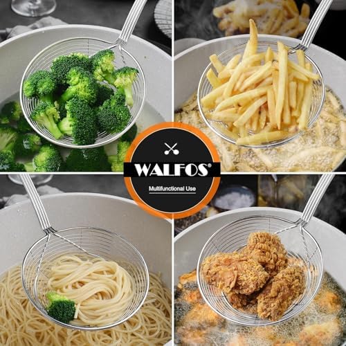 Walfos 7 inch Extra Large Spider Strainer - Stainless Steel Fryer Scoop & 4 in Skimmer Spoon, Set of 2 - Kitchen Spider Skimmer Strainer With Handle, For Cooking, Frying, Pasta, Egg, Foam