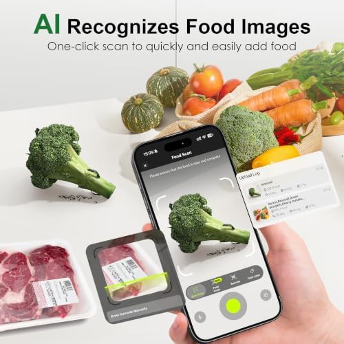 Ultrean Smart Food Kitchen Scale with Nutritional Calculator, App for Macro & Calorie Tracking, AI Scan, Digital Grams and Ounces for Weight Loss, Rechargeable, Stainless Steel, 33lb /15kg