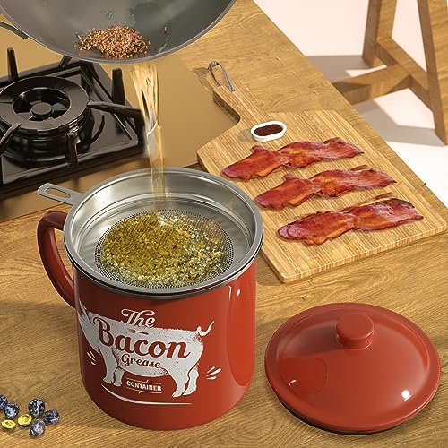 PGYARD Bacon Grease Container with Strainer-46OZ Enamel Keeper with Spatula