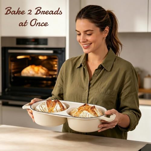Enameled Cast Iron Double Round Bread Loaf Pot with Lid –Cream White