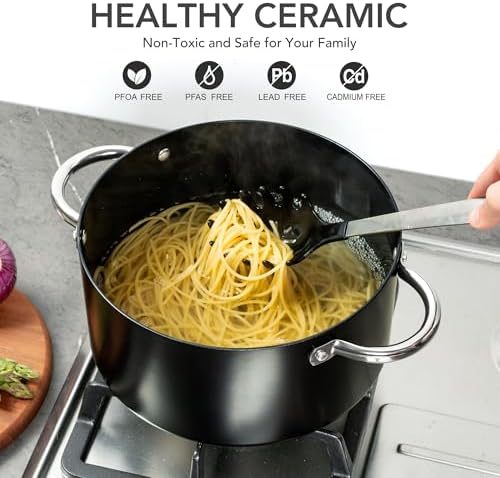 MICHELANGELO Stock Pot with Lid, Nonstick Cooking Pot, 6 Quart Soup Pot with Lid, Non Stick Pots with Stainless Steel Handle, Induction Compatible, Black