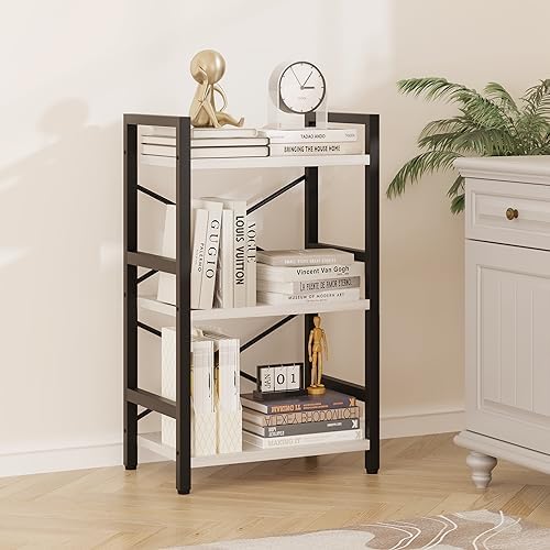 Homeiju Bookshelf, 3 Tier Industrial Bookcase, Metal Small Bookcase, Rustic Etagere Book Shelf Storage Organizer for Living Room, Bedroom, and Home Office(White) Patent Pending D29873033