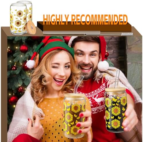 DWTS DANWEITESI Glass Cups with Lids and Straws with Design Sunflower 4 pcs,Clear Glass Cups 16 oz-Drinking Glasses Set,Glass Tumbler,Cute Design Glass Iced Coffee Cups with Lids and Straws 480ml